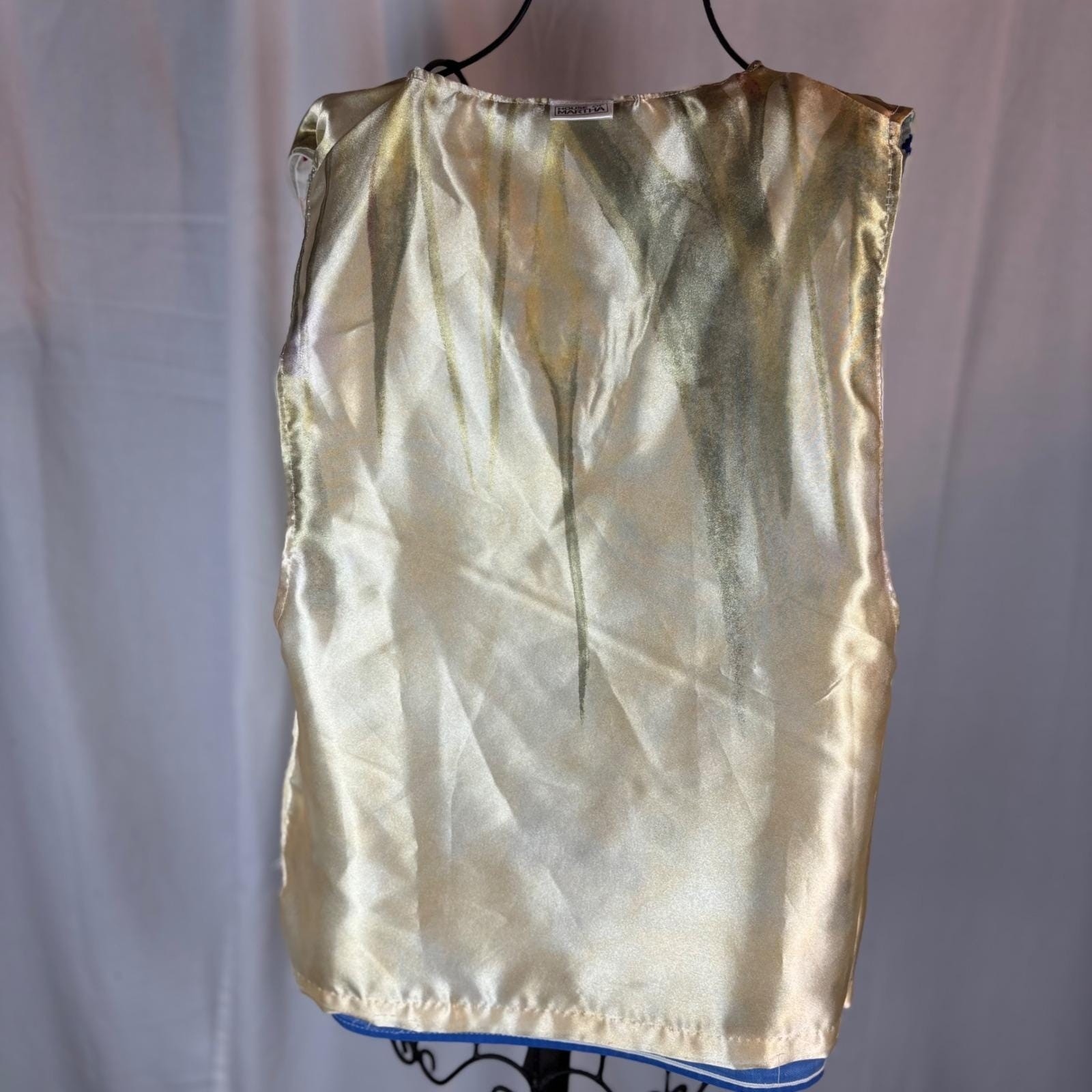 Vintage Handmade Upcycled Folk Art Cross Stitch Print Vest White Blue Gold Lined