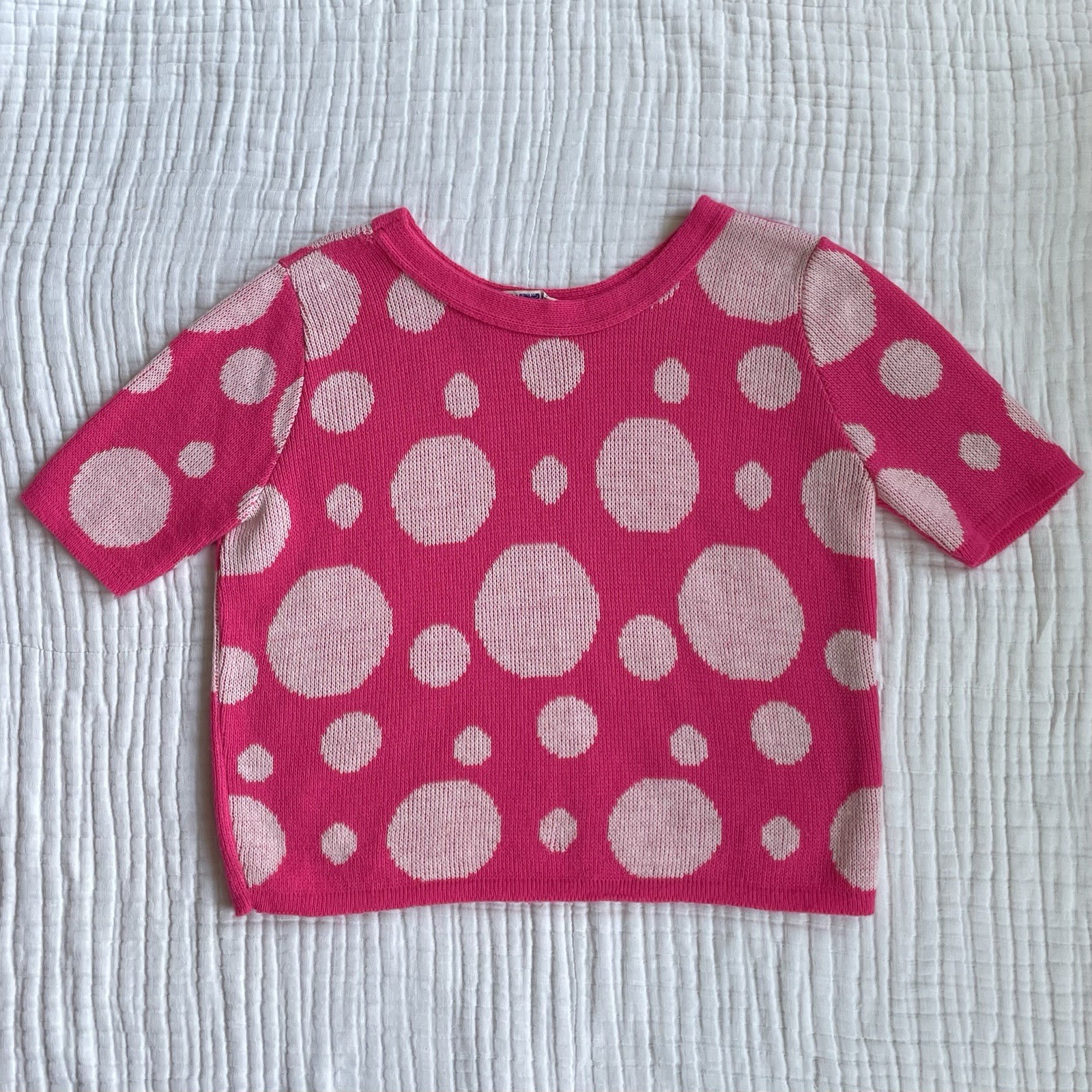 Vintage M L Sweater Top 60s Pop Art Cropped Hot Pink Polka Dot Bubbles VGUC