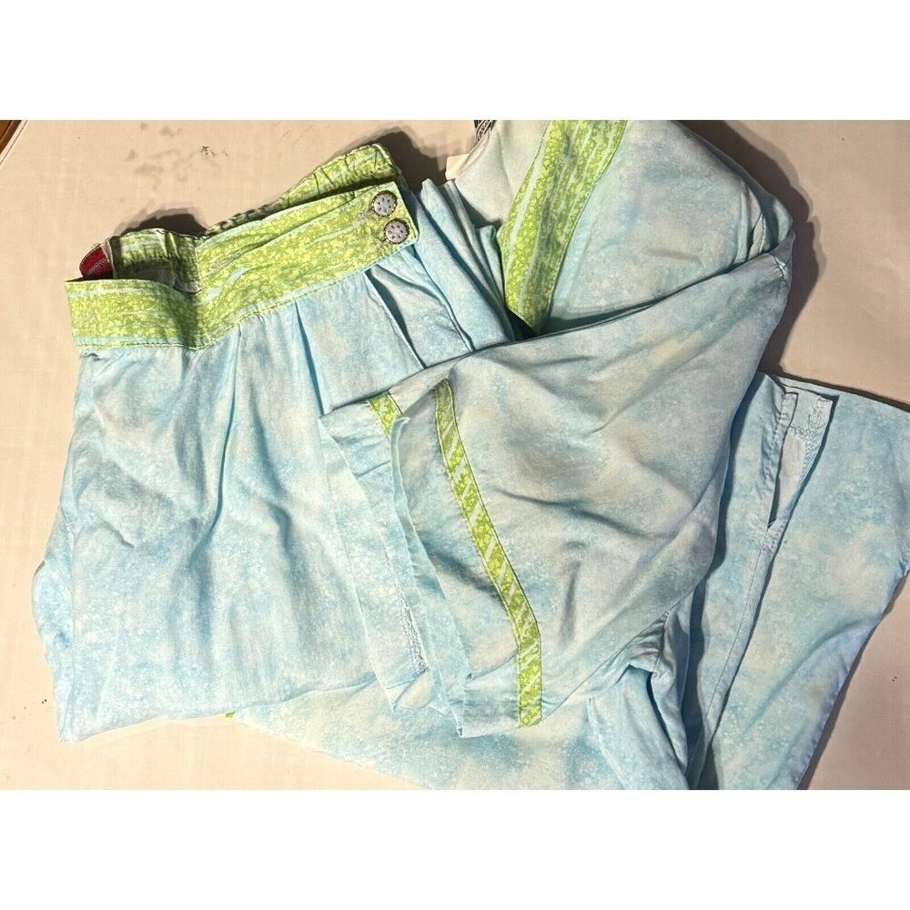 Vintage 80s City Girl Nancy Bolen 2 Piece Pant Set Blue Lime Acid Wash Rayon XL