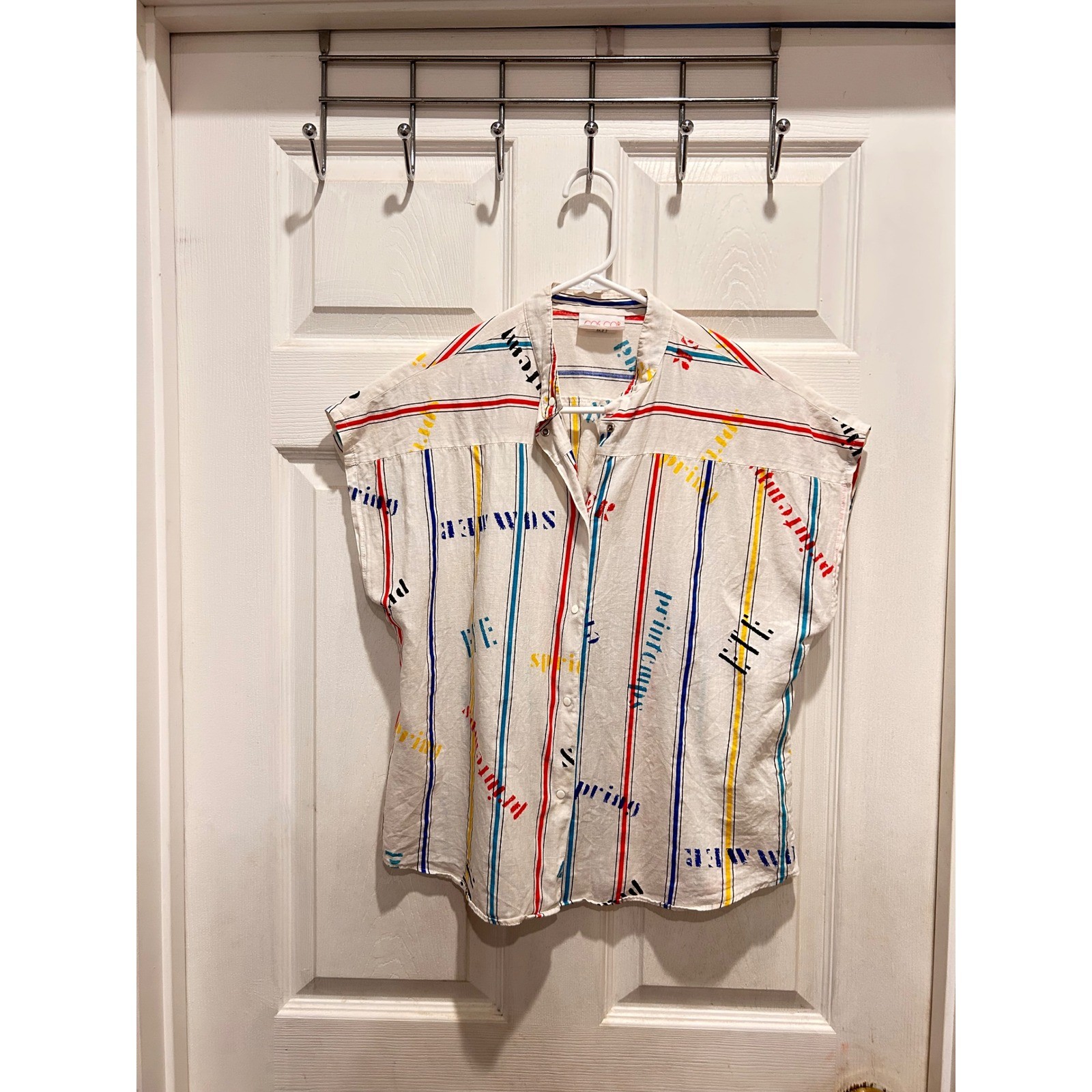 Vintage Cos Cob Women 12 White Striped Novelty Print Button Down Cap Sleeve Top