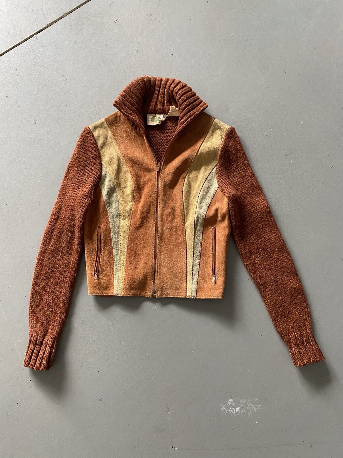 Vintage Leather & Acrylic Organically Grown Zip Up Jacket By Arpeja Size Large
