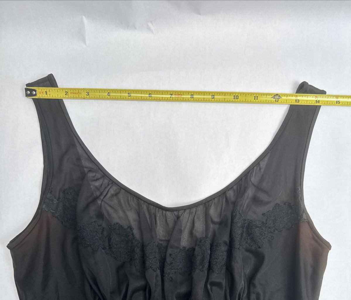 Vintage Shadowline Nylon Nightgown Black Size 34 Lace Empire Waist Tie Back