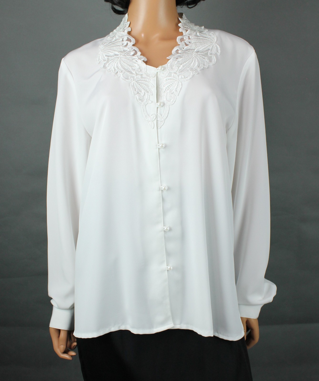 V Neck Blouse Sz 16 XL Vintage 90s White Peal Button Lace Accent Dress Shirt