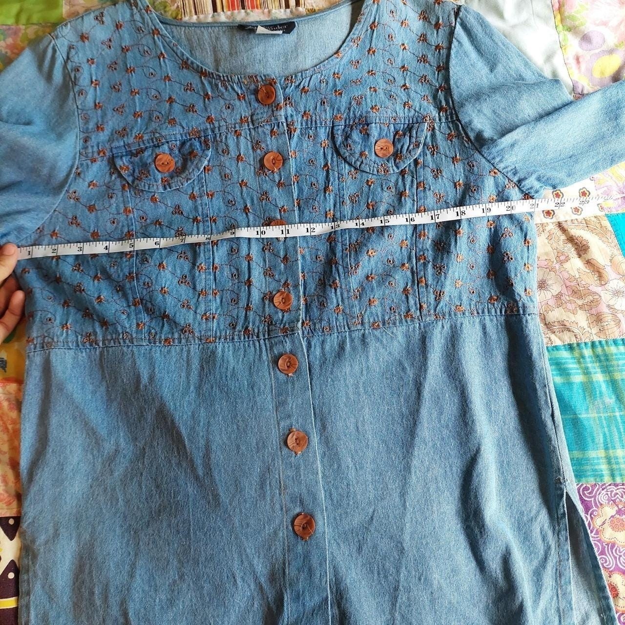 Vintage 100% cotton denim top with brown embroidered floral details.