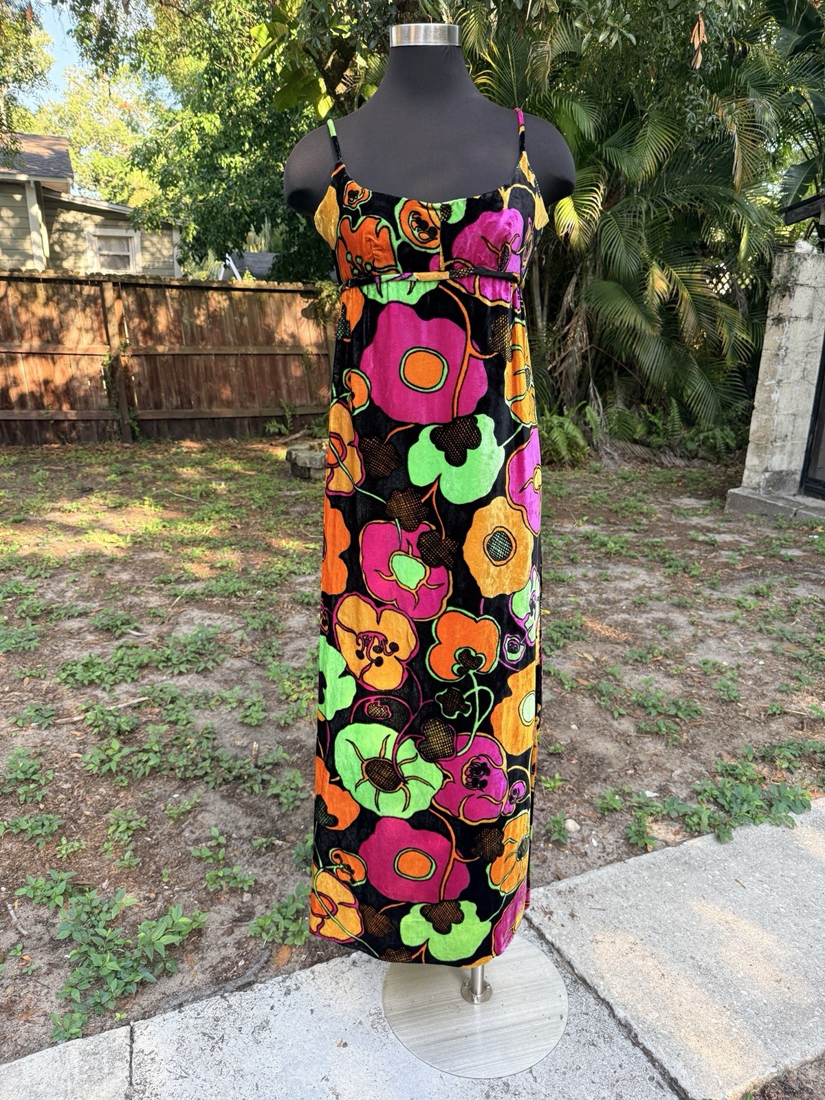 Vintage 1960s Mia Boutique Bright Floral Velvet Maxi Dress