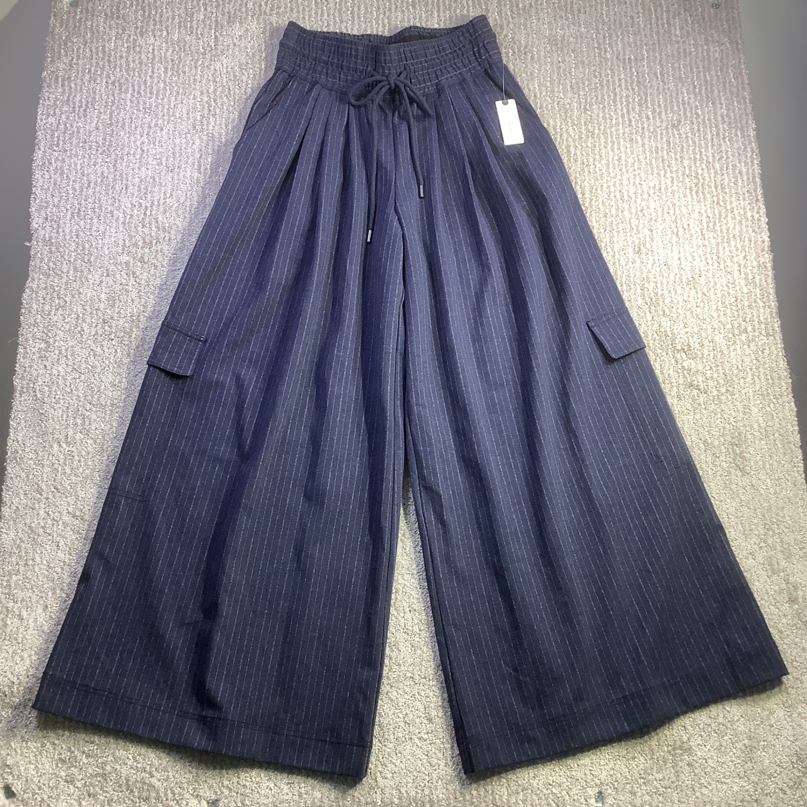 Anthropologie Maeve Navy Pinstripe Wide Leg Elastic Waist Pants Size XS NWT