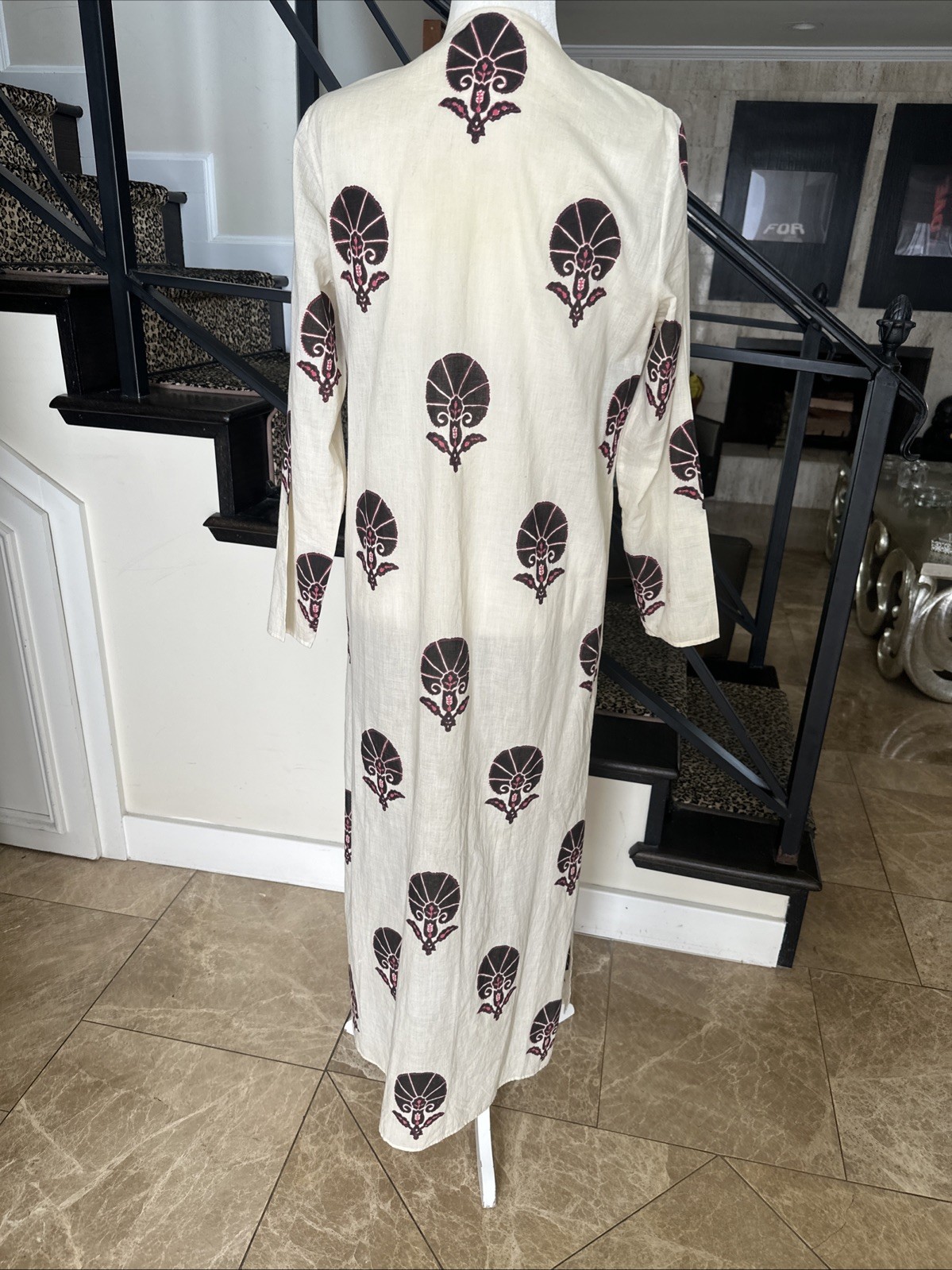 Muriel Brandolini VTG Graphic Print Long Cotton Tied Kaftan For Beach/Lounging S