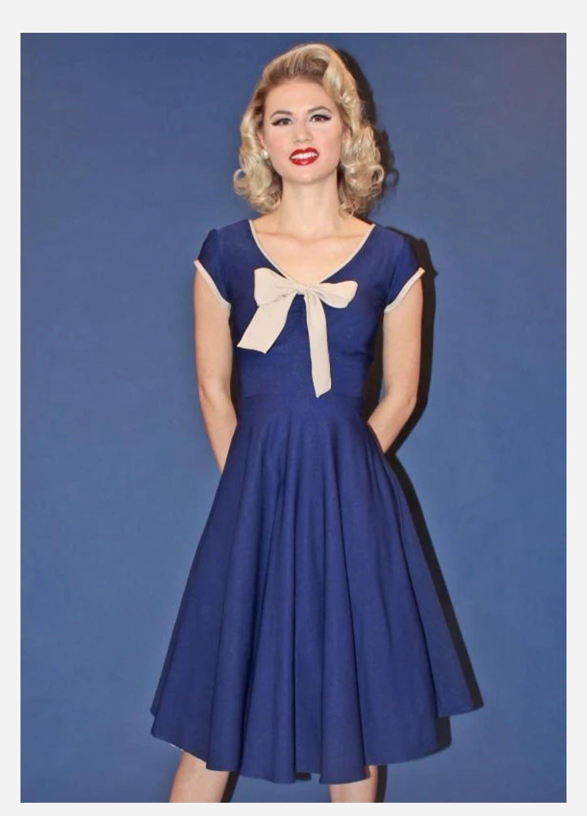 Swing Dress BELINDA Blue Full Skirt L Celebrity Brand Vintage Retro NWT $170