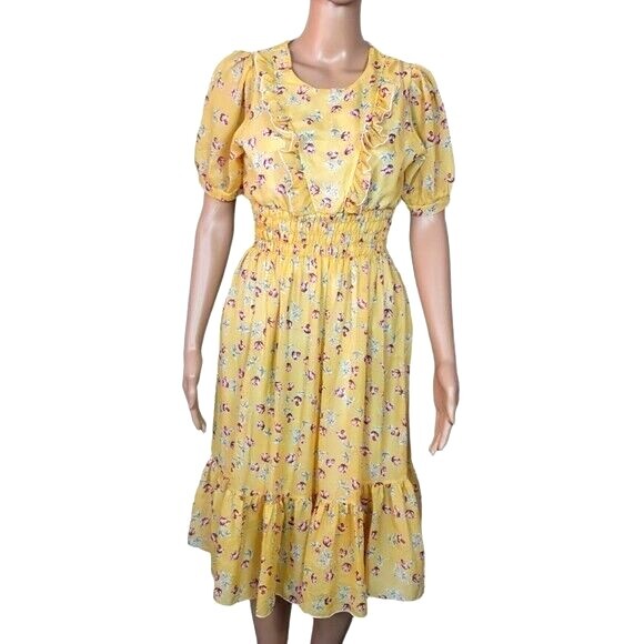 Vintage Floral midi dress Sze 10 yellow Peasant prairie ruffled hem tiered 80’s