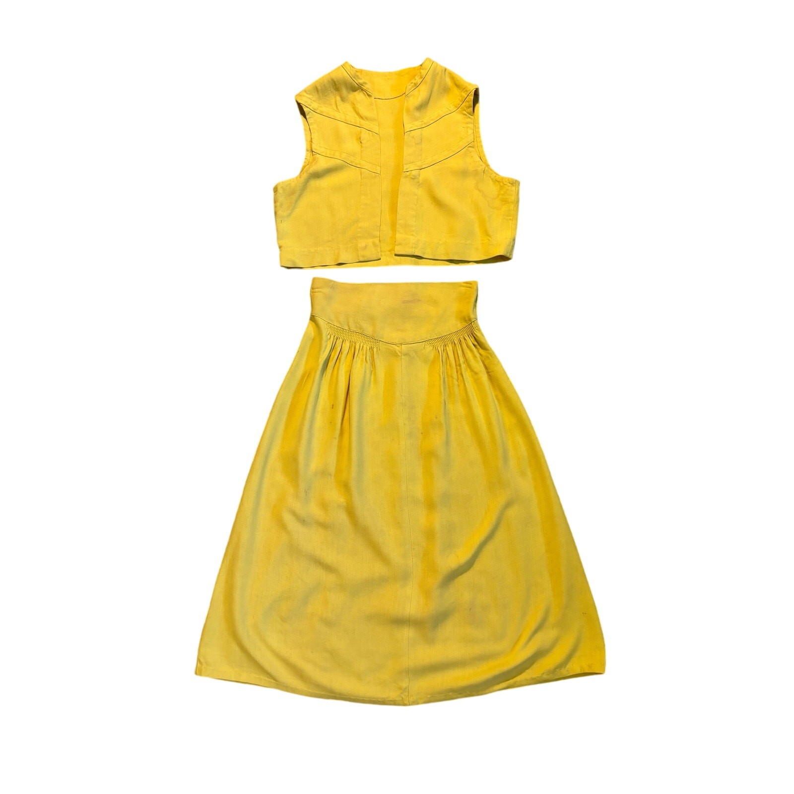 Vintage 1940s Vest & Skirt Set Butter Yellow Cotton Wounded Bird AS IS
