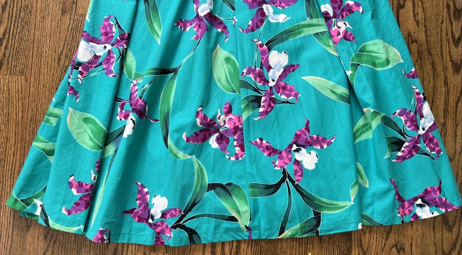 1980s Handmade One Shoulder Hawaiian Dress Teal W/Purple Orchid Flowers Size Sm