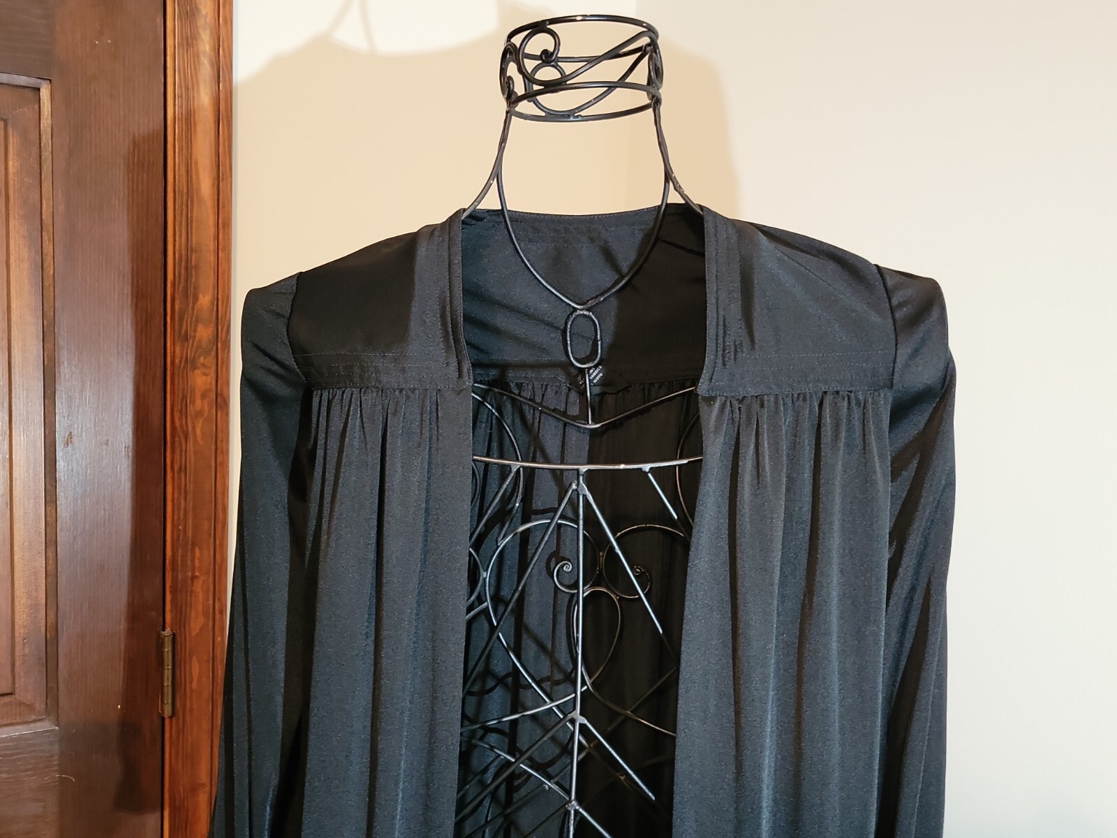 Vtg Joy Stevens California Womens Sz Sm Black Open Nylon Robe Long Housecoat EUC