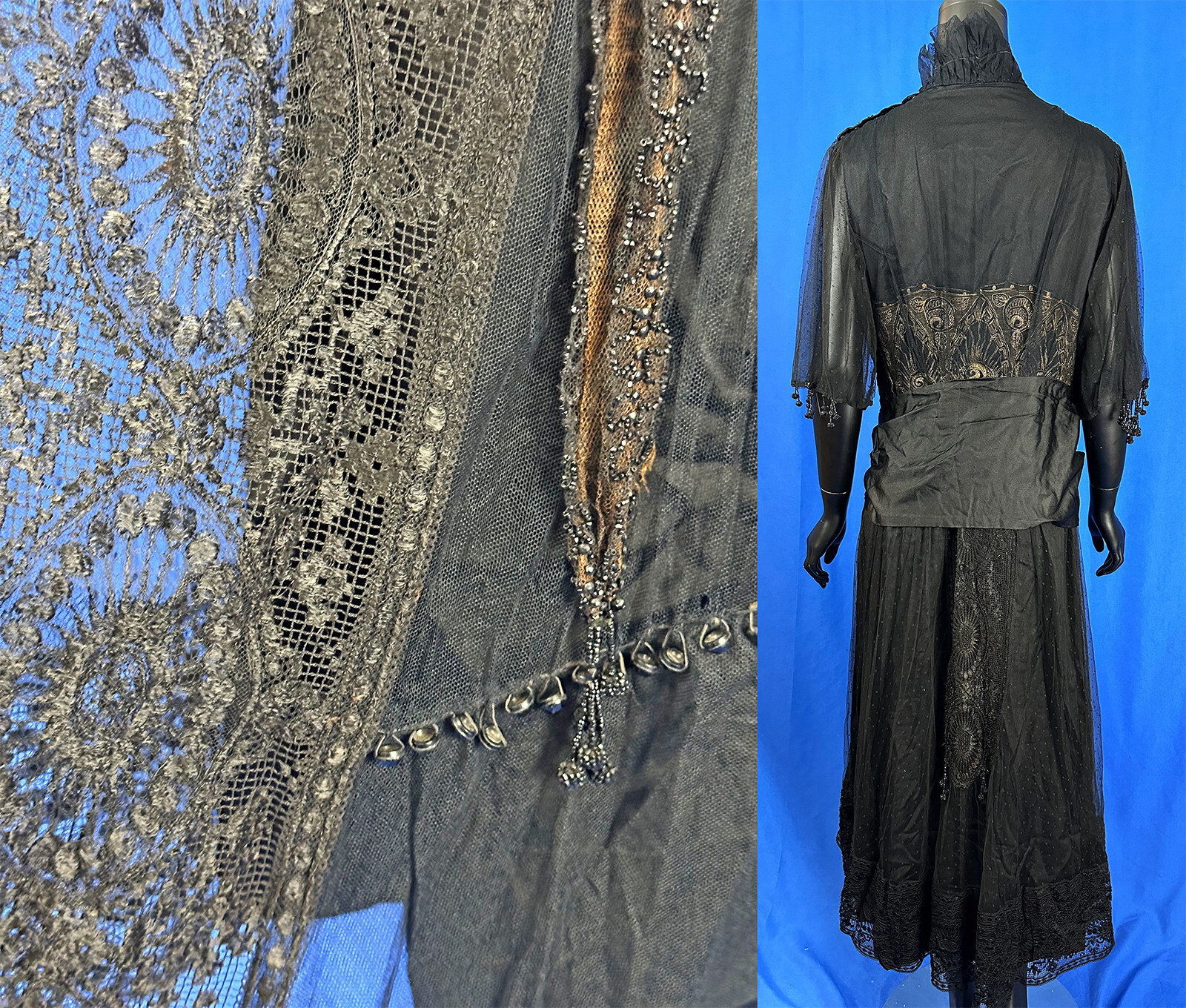 Vintage 1918 Black Swiss Dot Net Gold Lame Lace Jet Beaded Evening Gown Dress