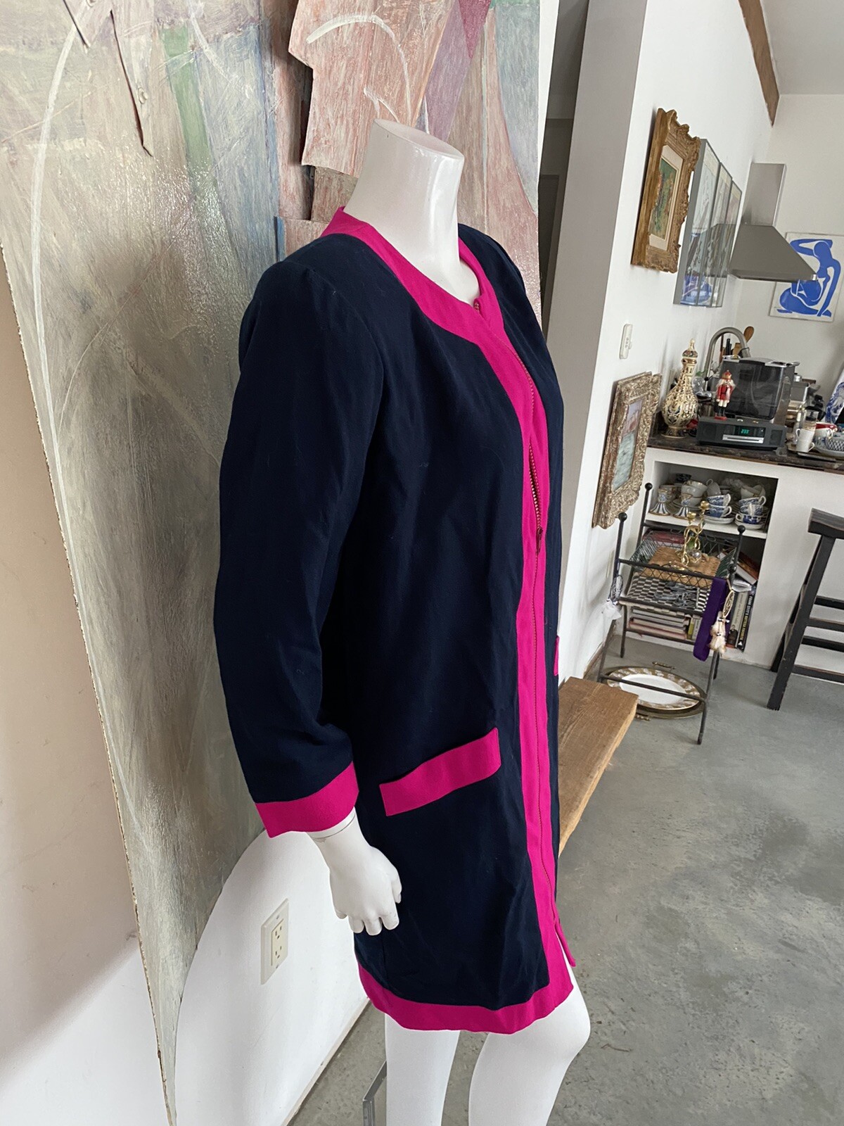 Vintage Henri Bendel Neon Pink Blue Wool Shift Zippered Pocketed Dress Size 8