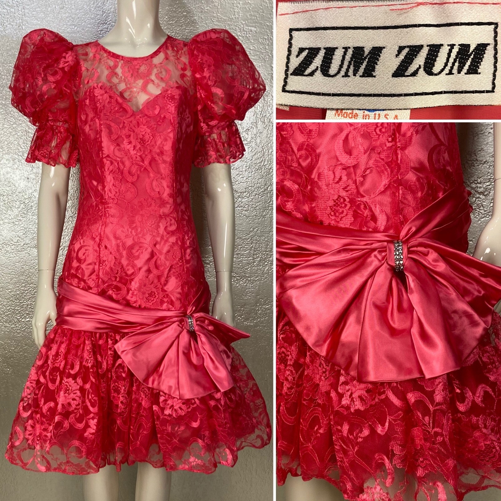 Vintage 1980s Ladies ZUM ZUM Bubblegum Pink Lace Drop-waist Dress w/Bow