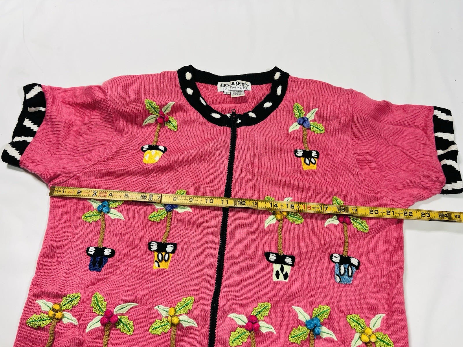 Vintage Embroided Knit Cardigan Sweater Jack B Quick Pink Plants Ugly Sweater