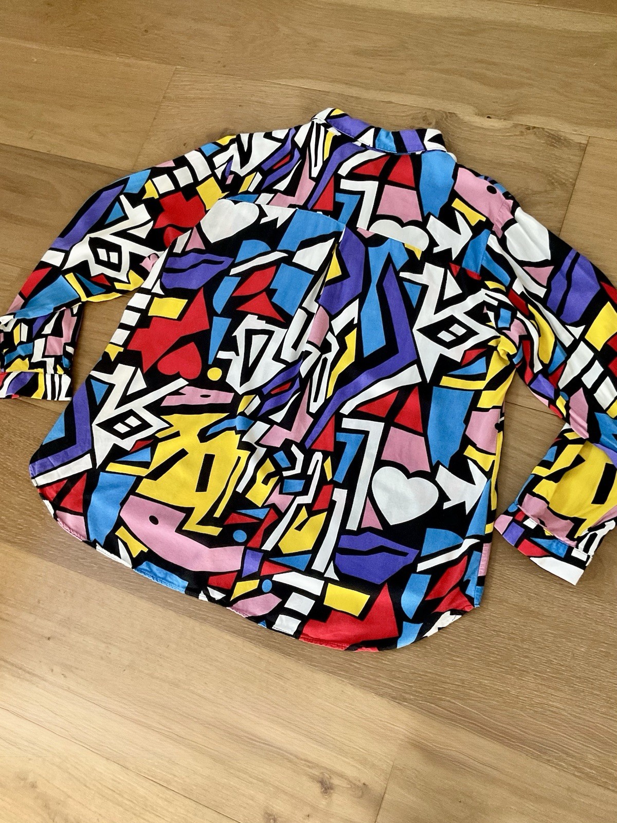 80s Pop Art VTG Button Down Shirt Wm L (*est*) Geometric Heart Print Long Sleeve