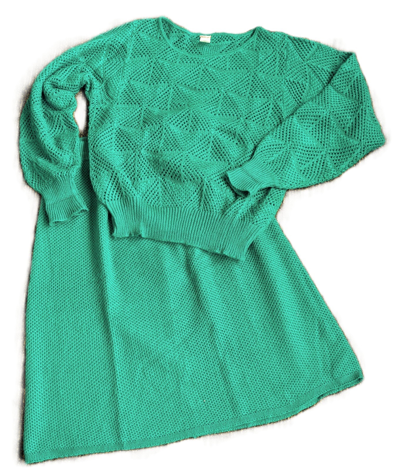 VTG Green S/M Green 2pc Set Skirt Eyelet Crochet Knit Sweater French Acrylic EUC