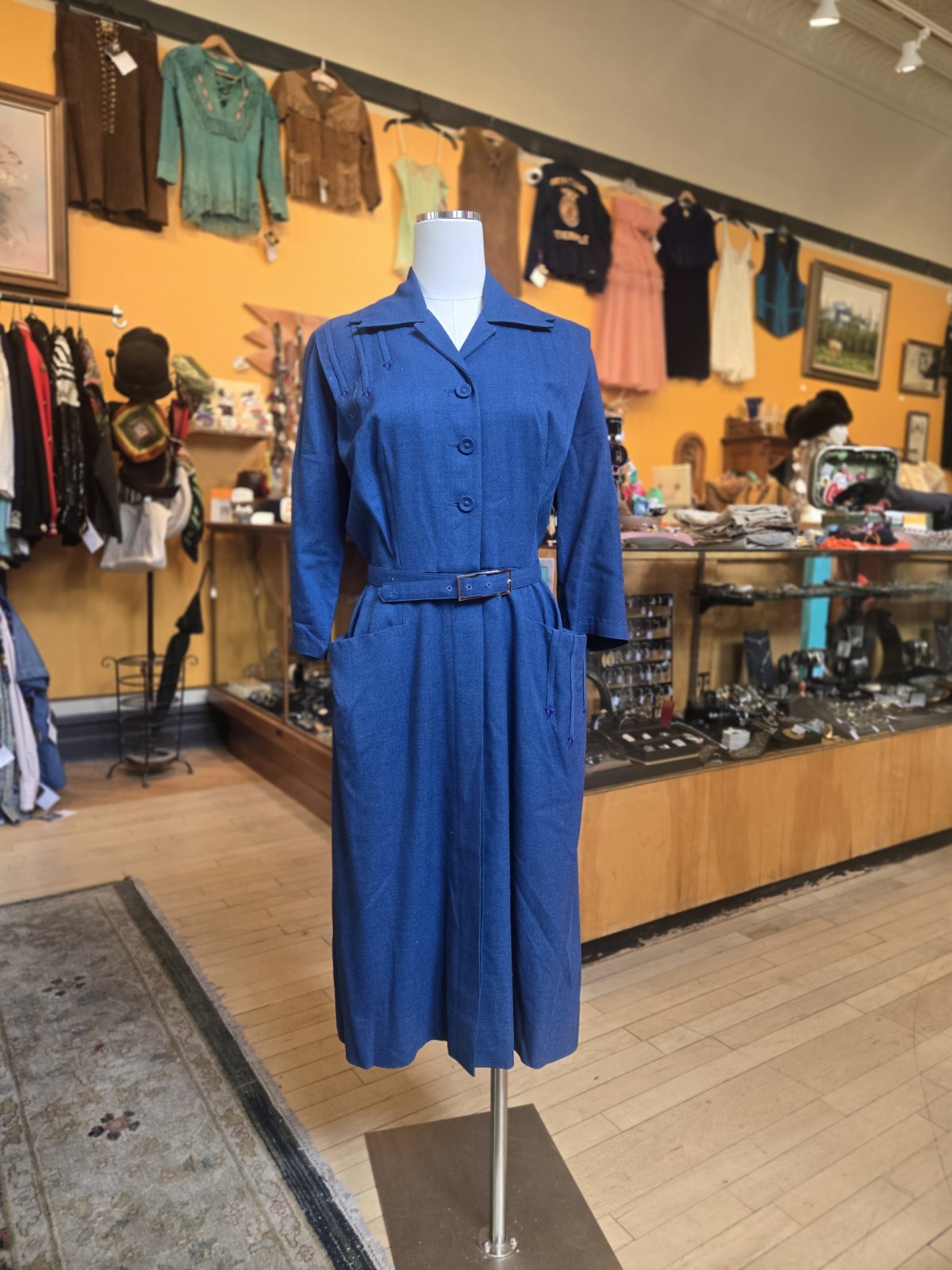 Vtg 1940s Alexander Of California Western Arrow Welt Slate Blue Cotton Day Dress