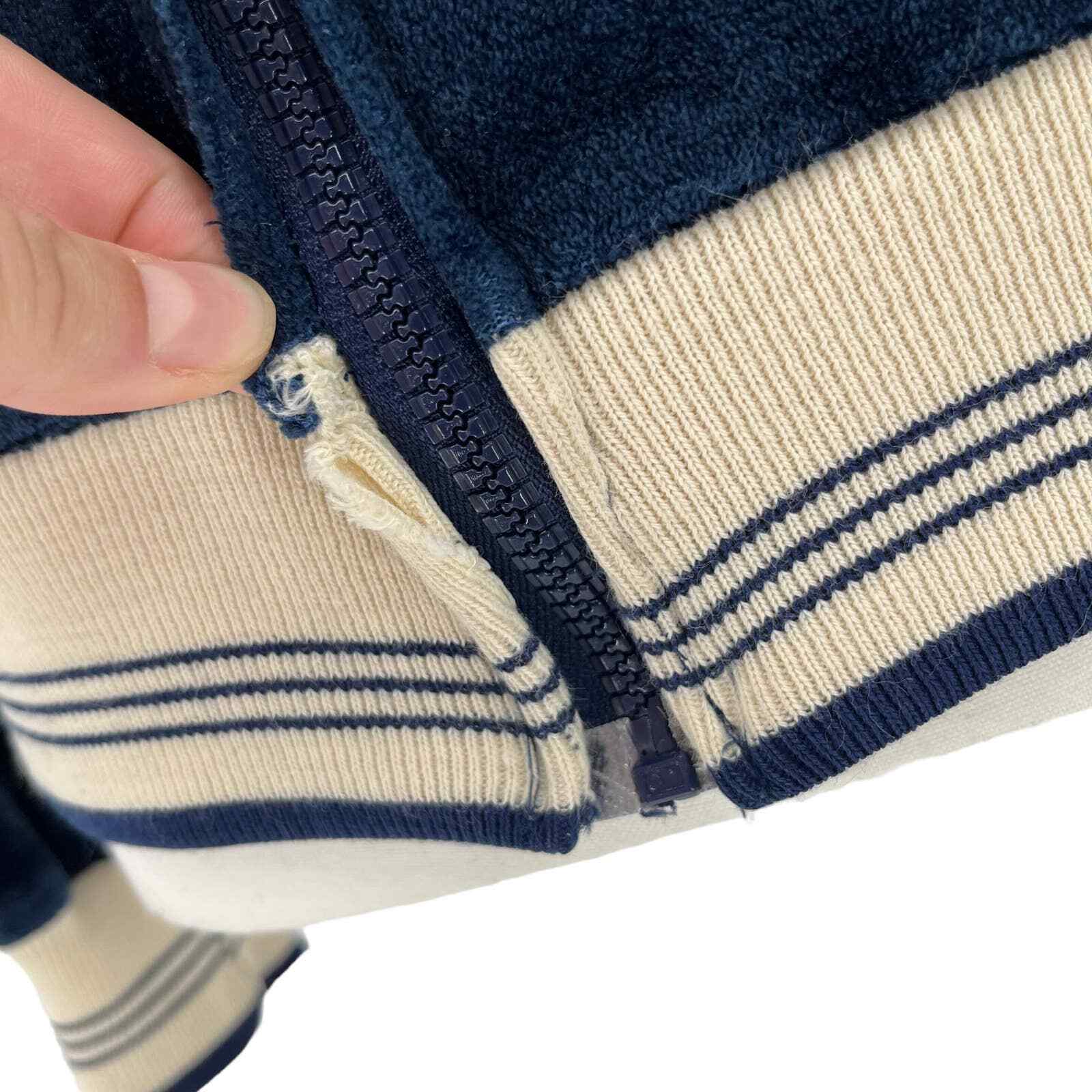 Vintage 70’s Track Jacket Terry Cloth Velour Full Zip Navy Stripe Large