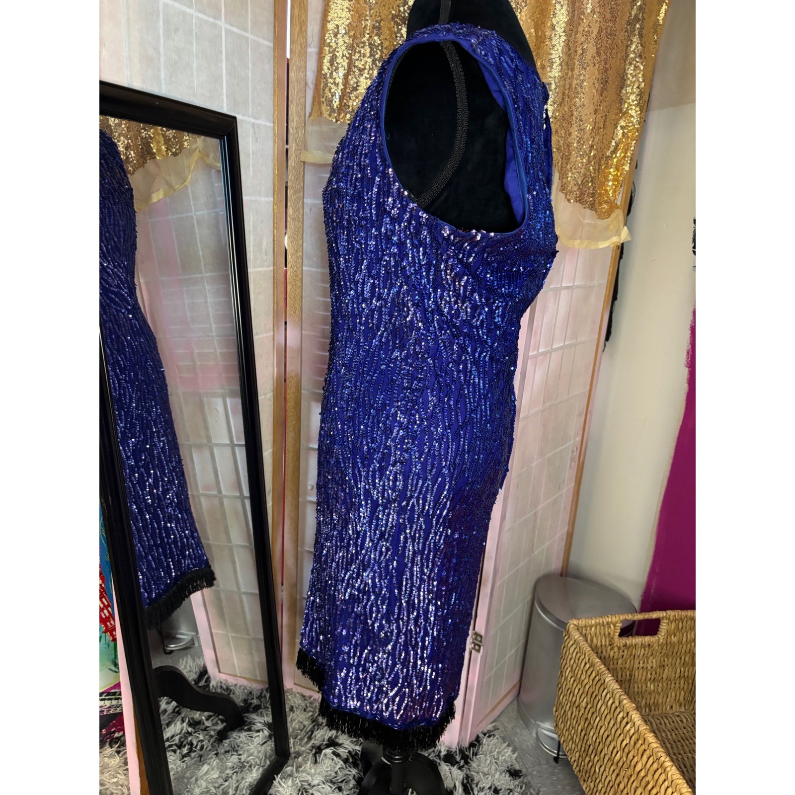 Vintage Blue Sequin Cocktail dress V-Neck Keyhole Back Fringe Hem Sleeveless