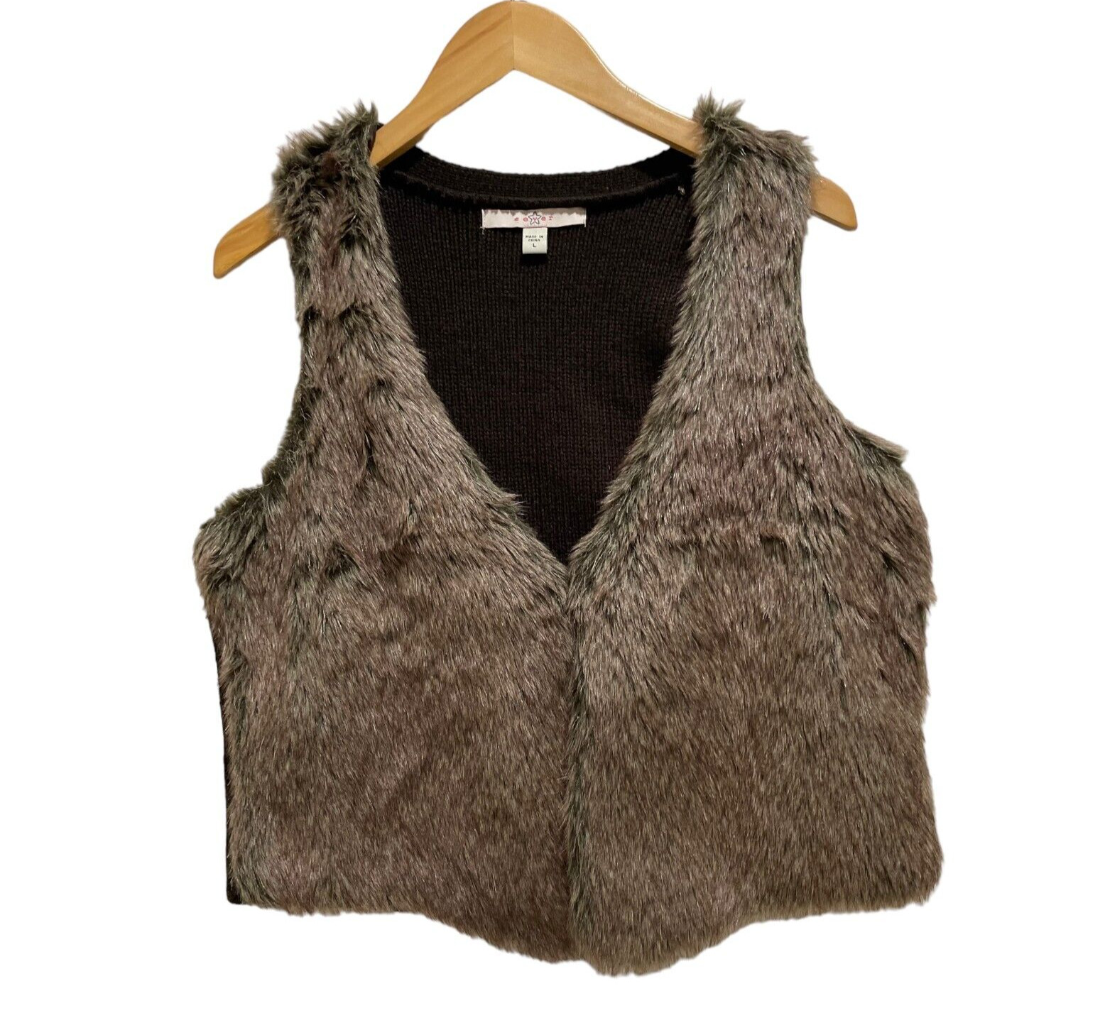 FEVER Brown Knit Faux Fur Sleeveless Acrylic Vest Size Large