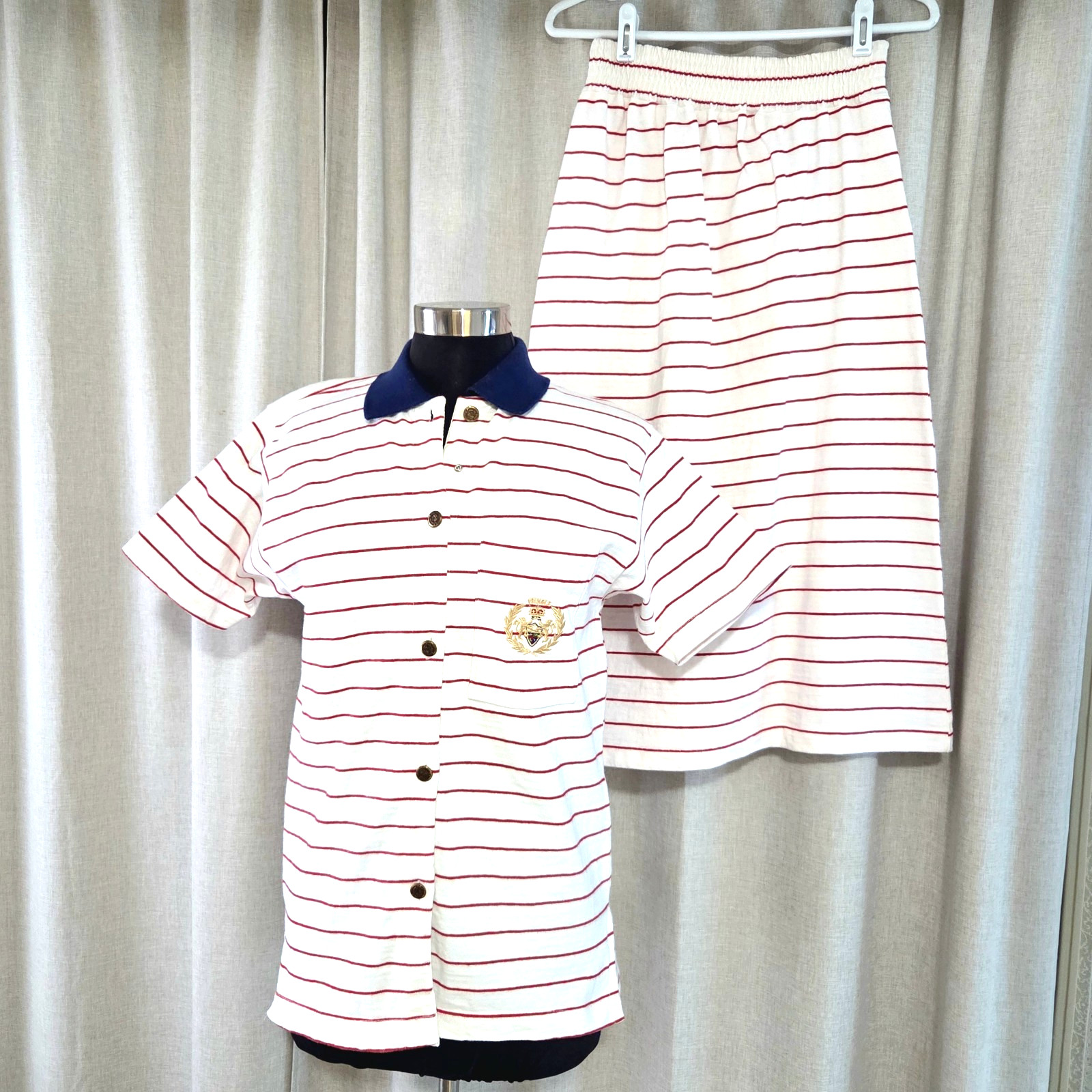 Vtg Pringle Of Scotland SET S M Top Skirt Heavy Cotton White Red Stripe Crest