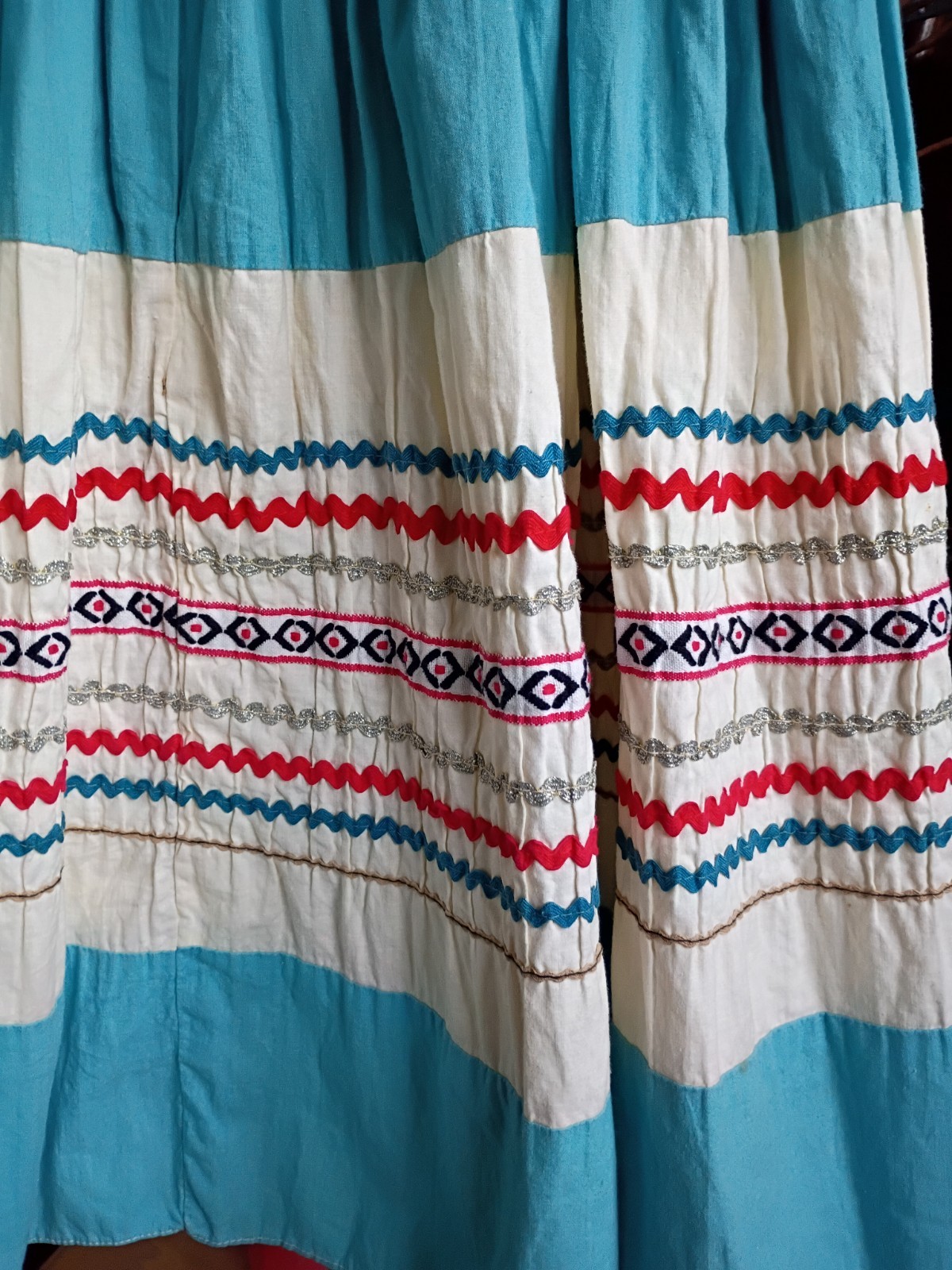Vtg Mexican Patio Peasant Dress 2 Piece Skirt Blouse Ric Rac Trim Full Circle