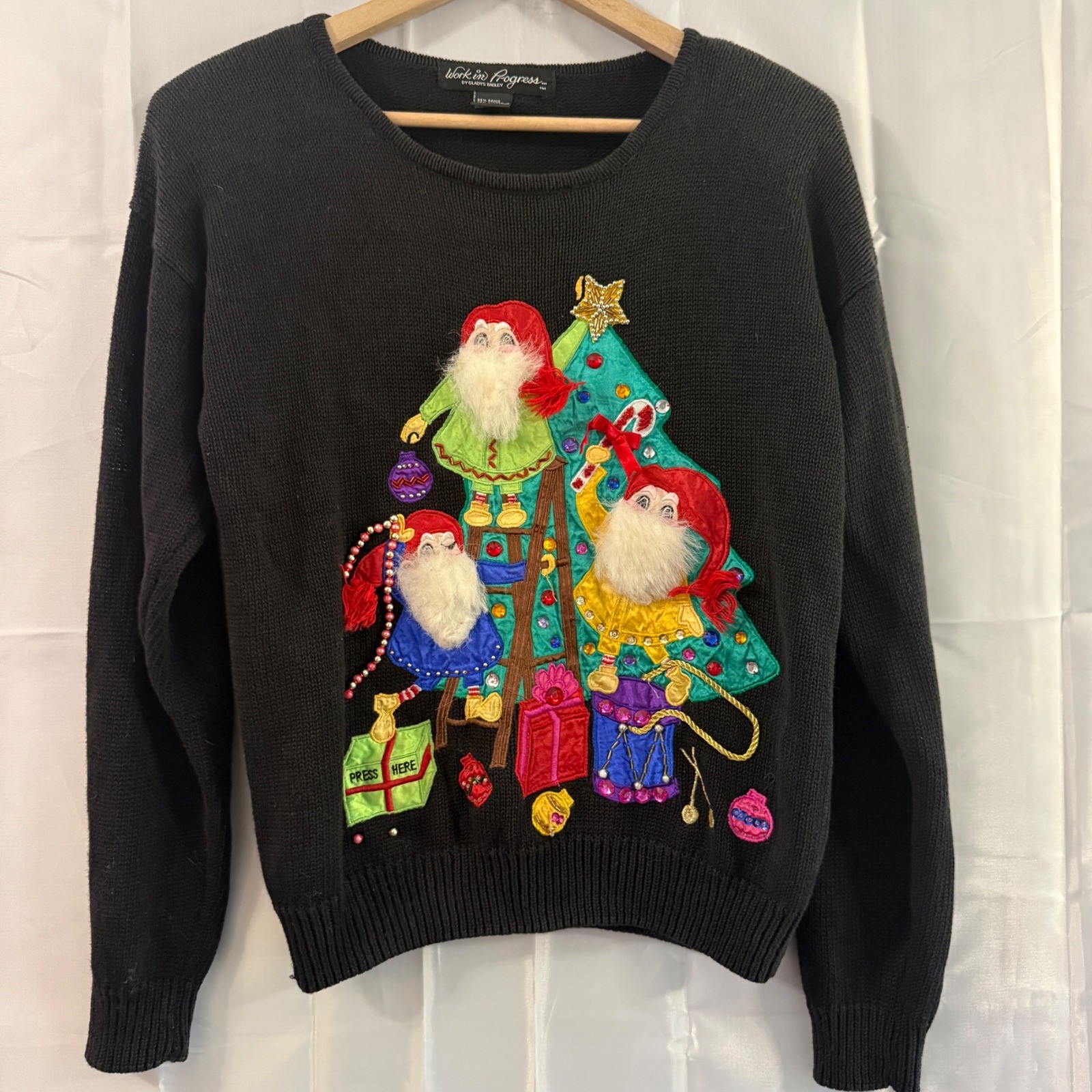 Vintage 80s Ugly Christmas Sweater Black 3D Elves Tree S Holiday Grandmacore