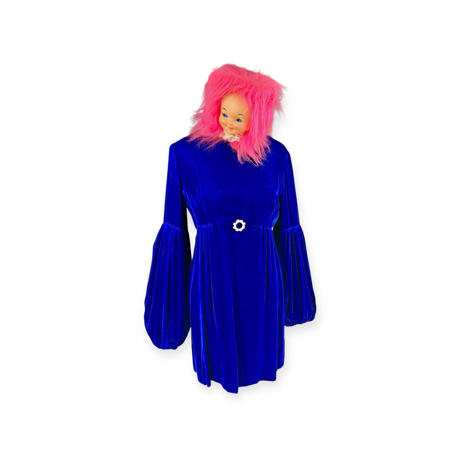 VTG 1960s BLUE VELVET DRESS GIGOT PUFF RENAISSANCE Whimsigoth MOD HIPPIE BOHO