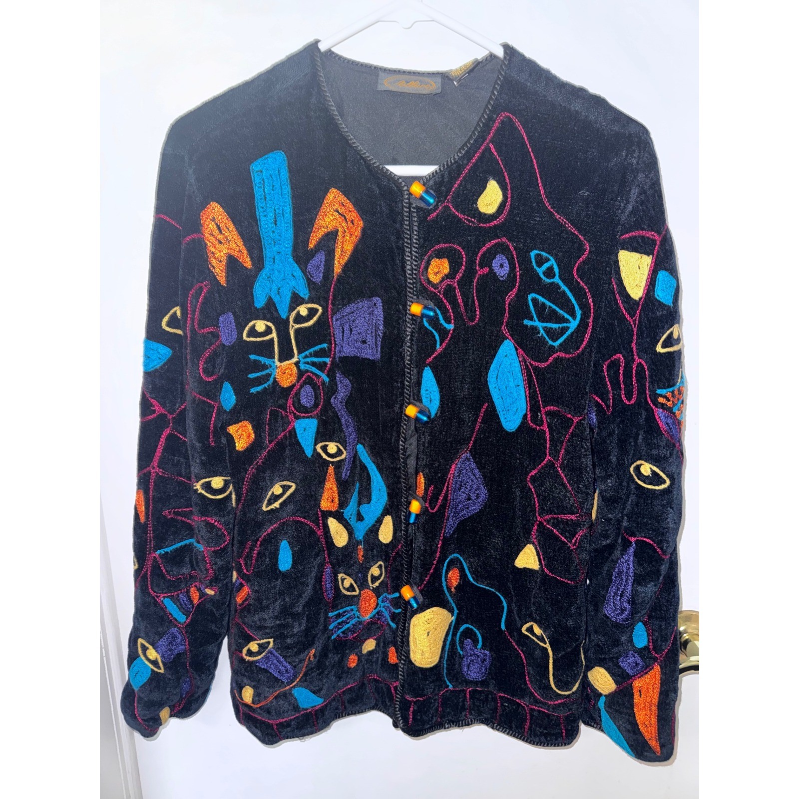Allure Vintage Black Velvet Embroidered Abstract Cat Animal Jacket Small
