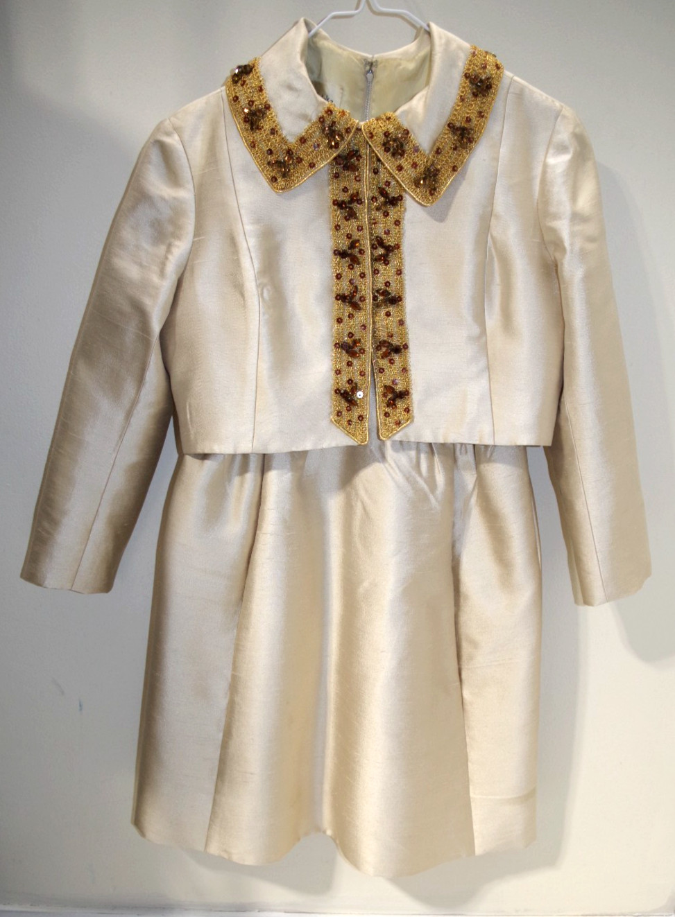P2 Vintage 60s Champagne Silk & Wool Dress Jacket Suit 6 Embellished Hong Kong