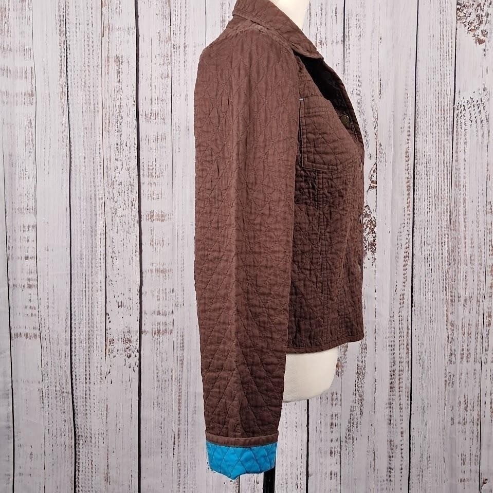 Vtg 90s OLEG CASSINI Weekend S Quilted Jacket Brown Turquoise Snap Front Cropped