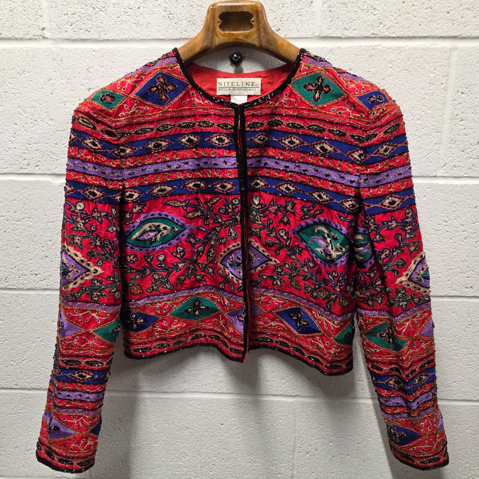 Niteline Della Roufogali Beaded Embellished Jacket Green Red Vintage 80s 90s M