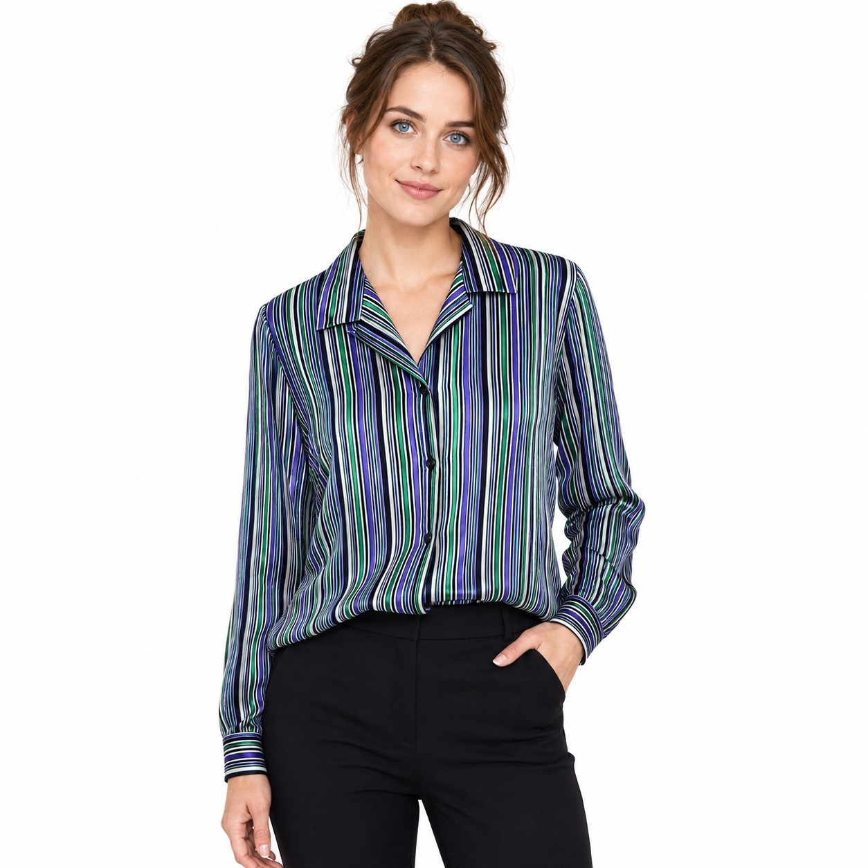 Vintage Leslie Fay Petite Size 10 Striped Button Front Blouse Statin Purple