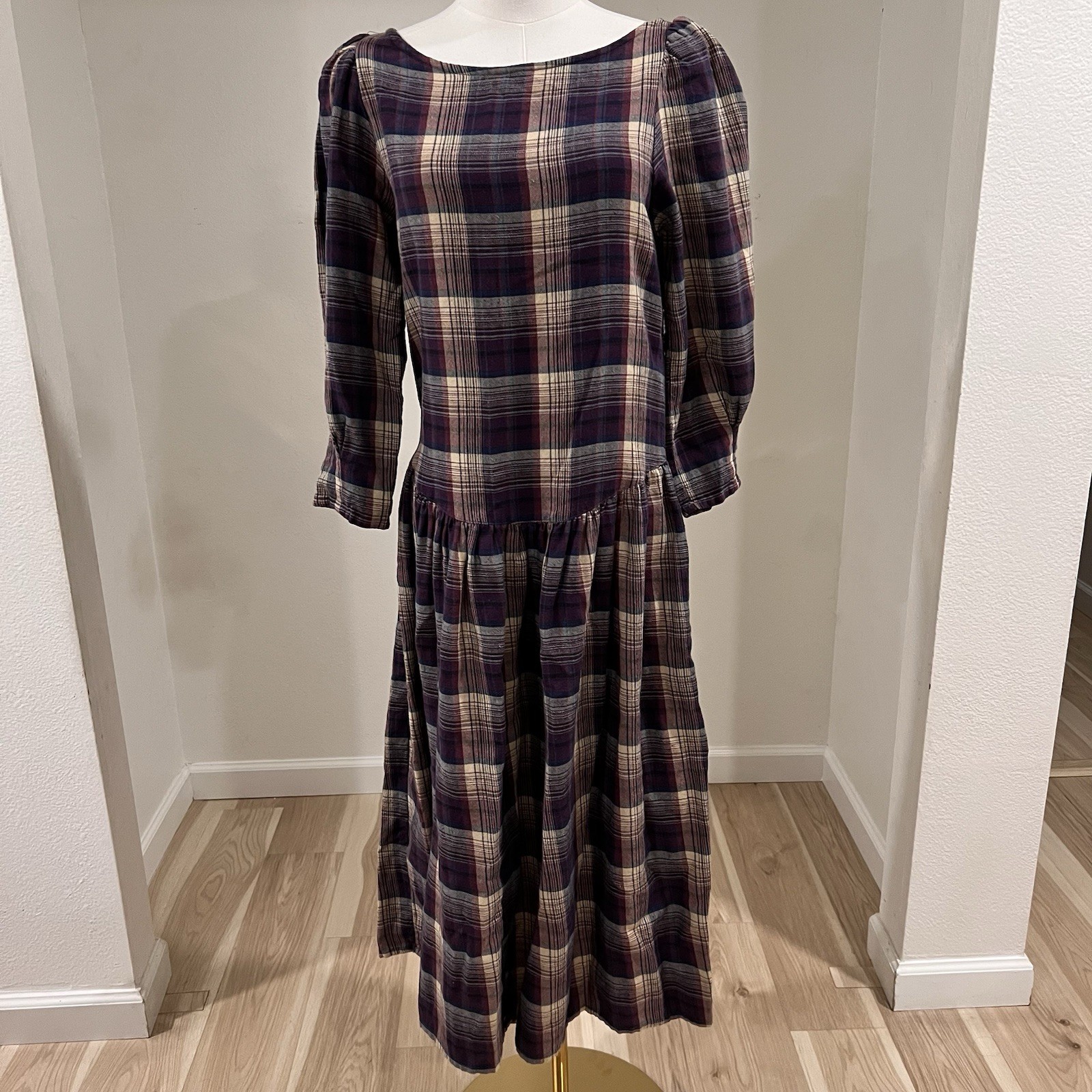 Vintage Eileen West Nightgown Wool Cotton Long House Dress Sleeve Plaid Flannel
