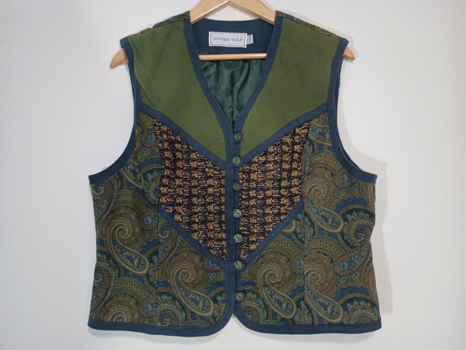 Vintage Howard Wolf Olive Green Paisley Print Waistcoat Vest Size 16