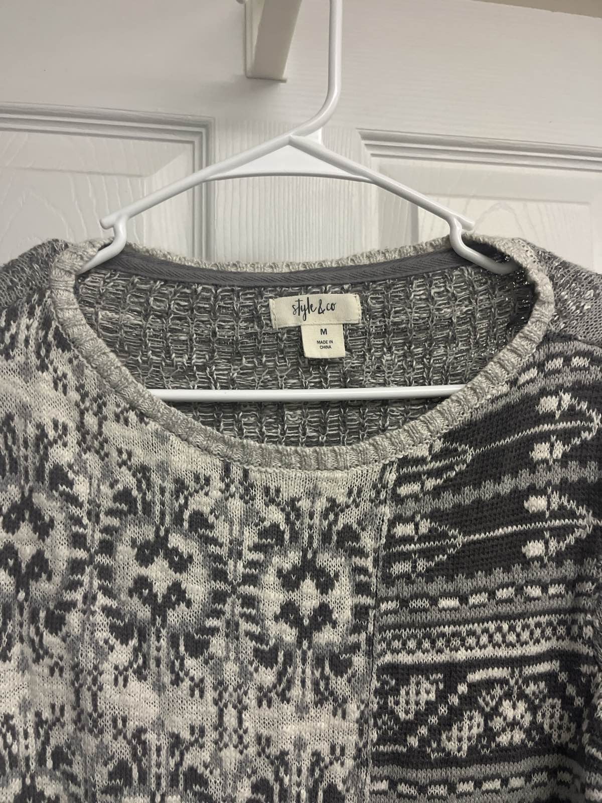 Style & Co Womens Gray White Patchwork Knit Tunic Sweater Ruffled Hem Sz M