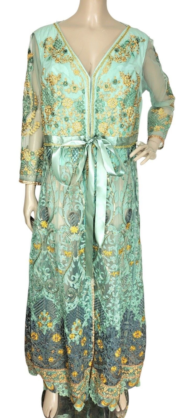 VTG Lace Tulle Metallic Gold Embroidered Bead Embellished Duster Belted Jacket