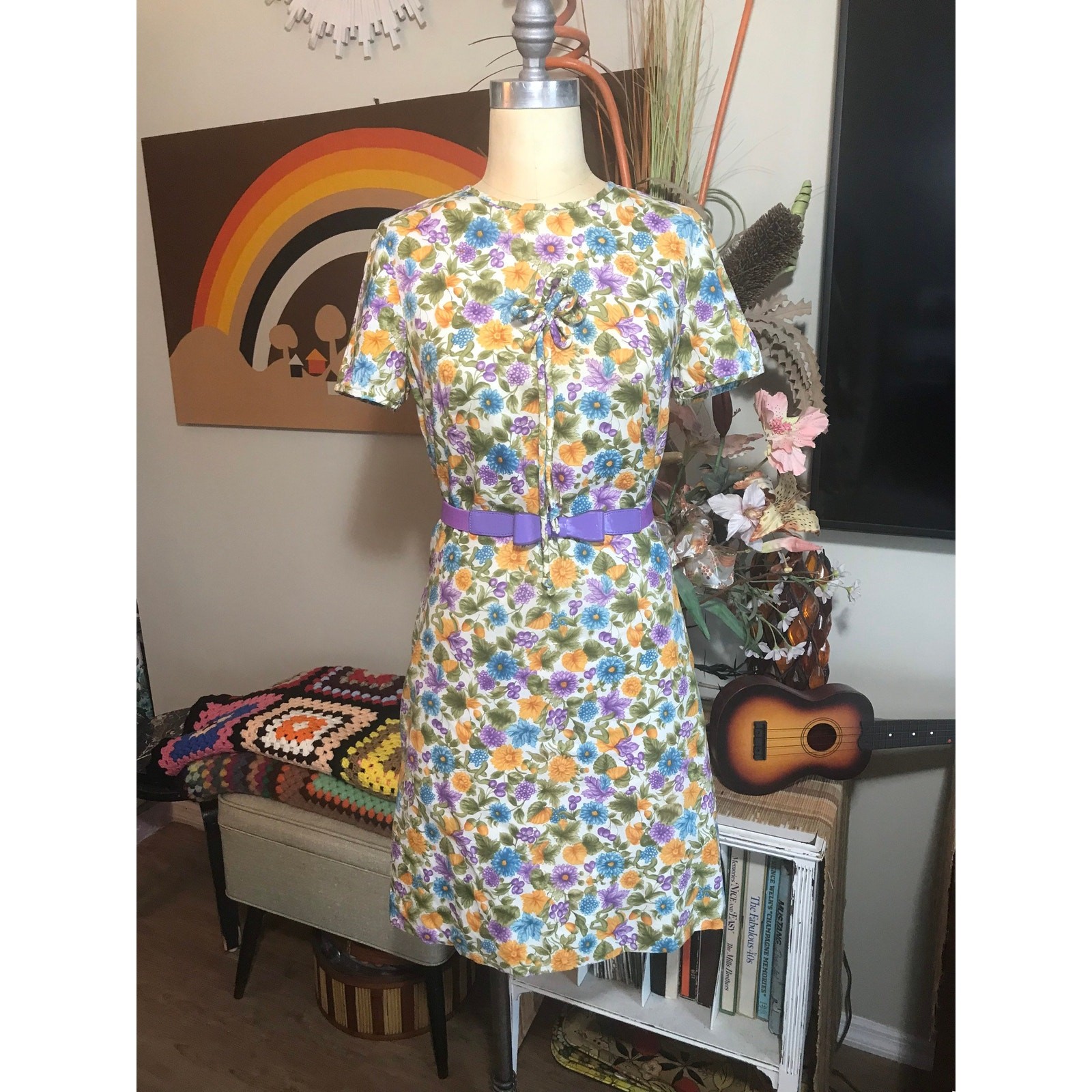 Vintage 1960s Frances Brewster Shift Dress Cotton Floral Mod Blue Purple Yellow