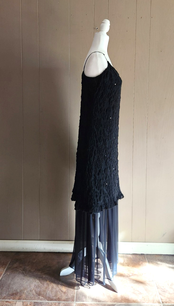 Vin: 80s Casadei Black Brocade Chiffon Rhinestone Evening Dress Beautiful Sz 18
