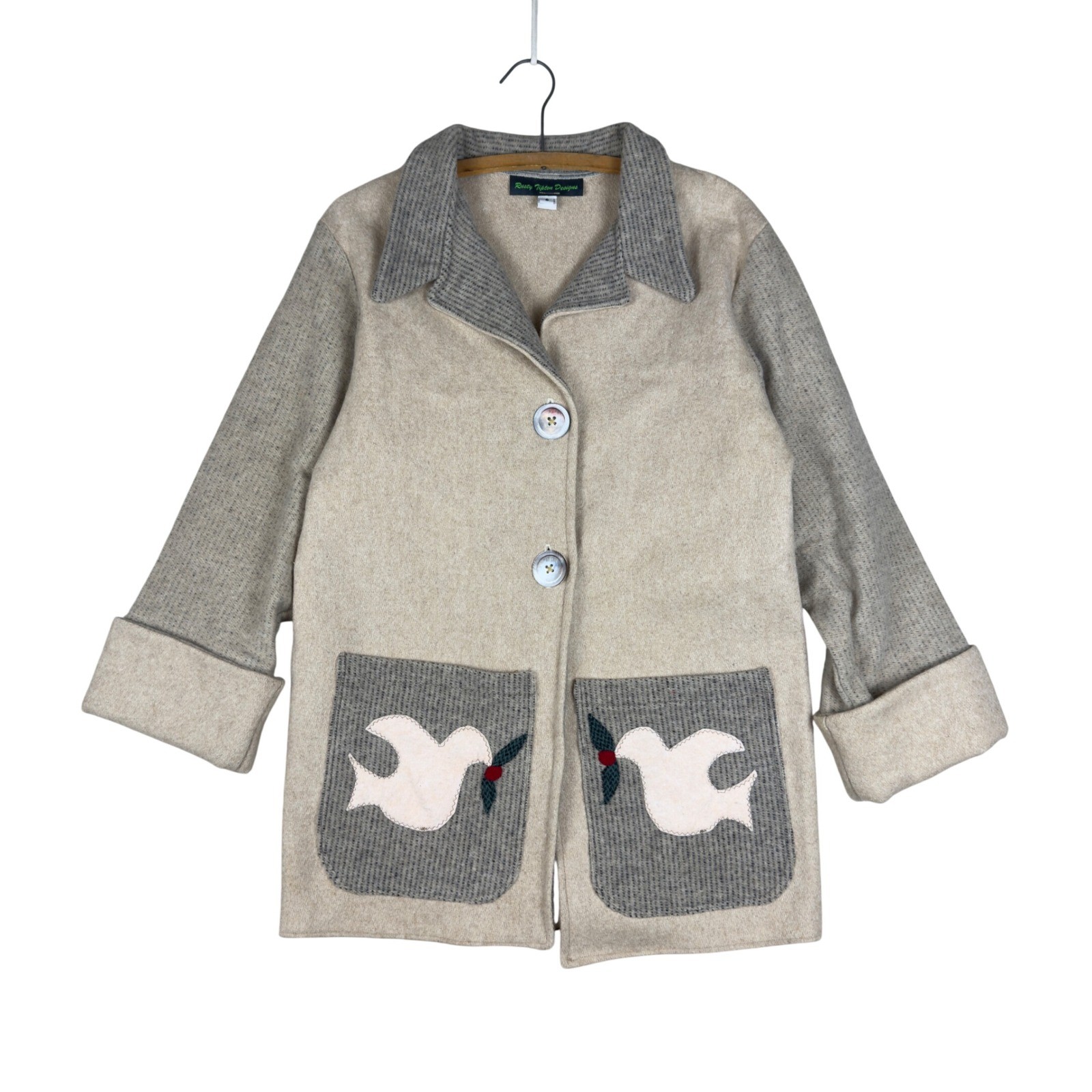 Vtg Rusty Tipton Designs Wool Coat Women’s Small Beige Gray Applique Folk Jacket
