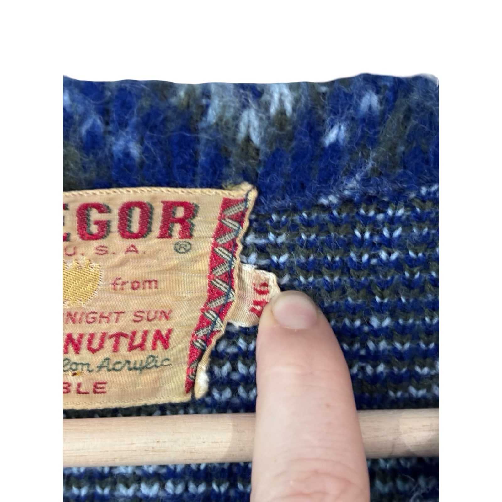 Vintage McGregor Knutun Sweater 46 Blue Olive Fair Isle Acrylic Knit USA