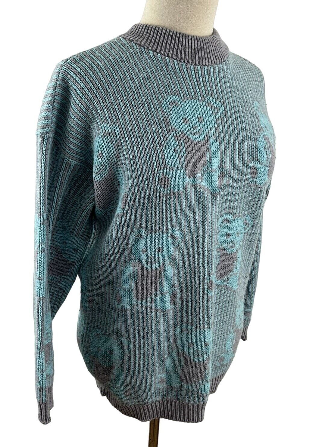 Vintage 80s Adele Knitwear Sweater Gray Blue Teddy Bear USA Kawaii
