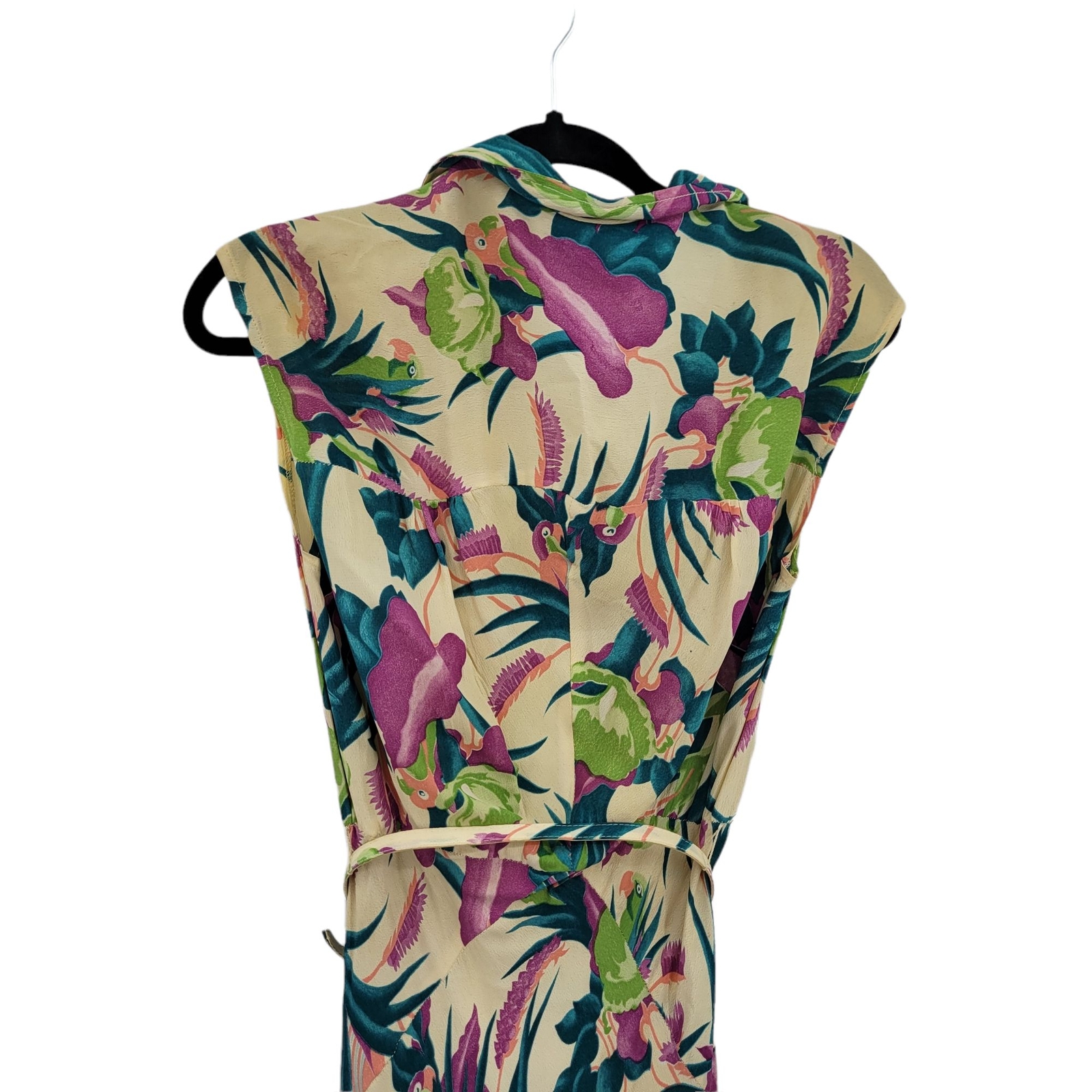 Vintage 70’s Women’s Dress XXS Peter Pan Belted Midi Tropical Love Bird Parrot