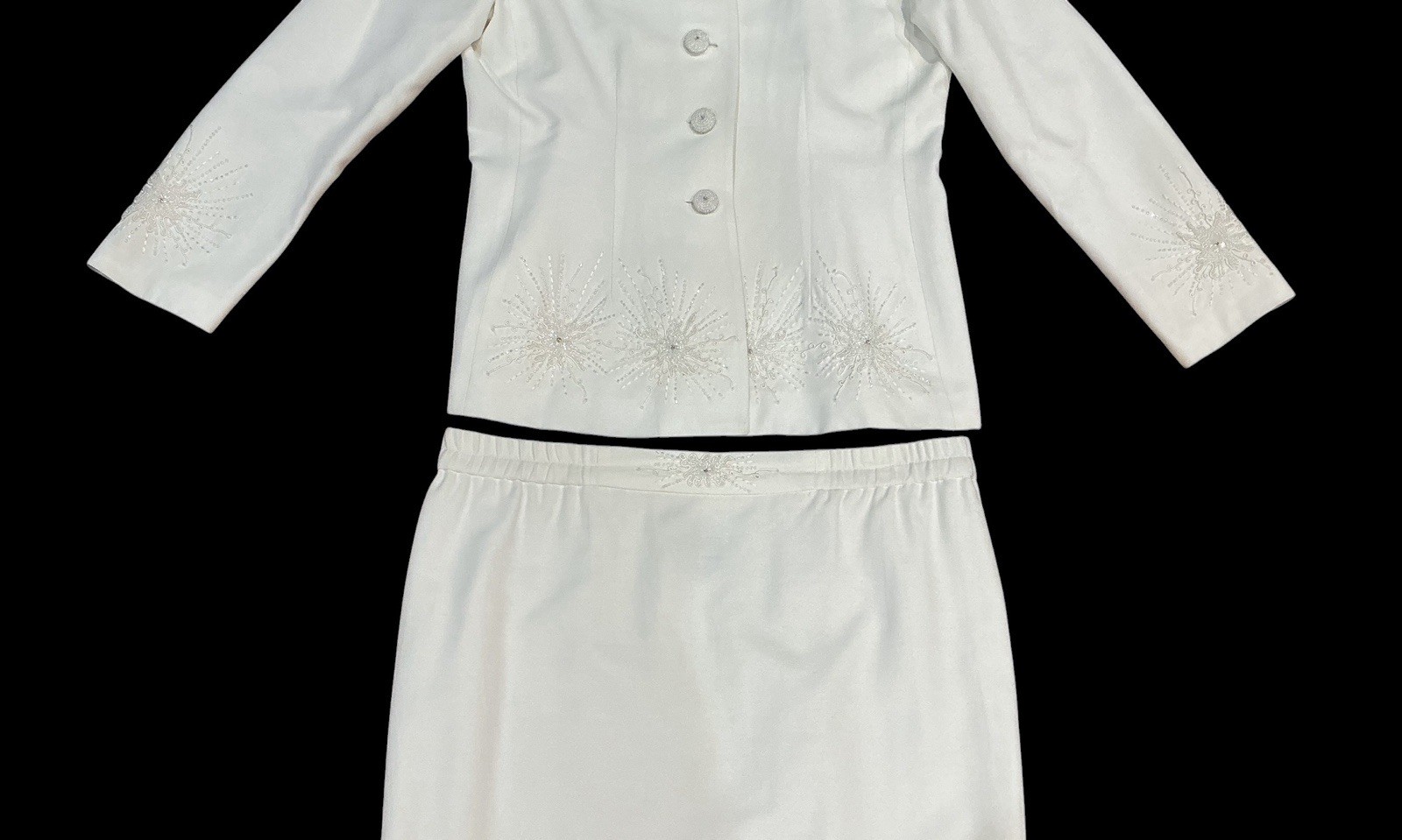 R & M Richards by Karen Kwong 10P White Beaded Two Piece Skirt Suit Set Jacket &