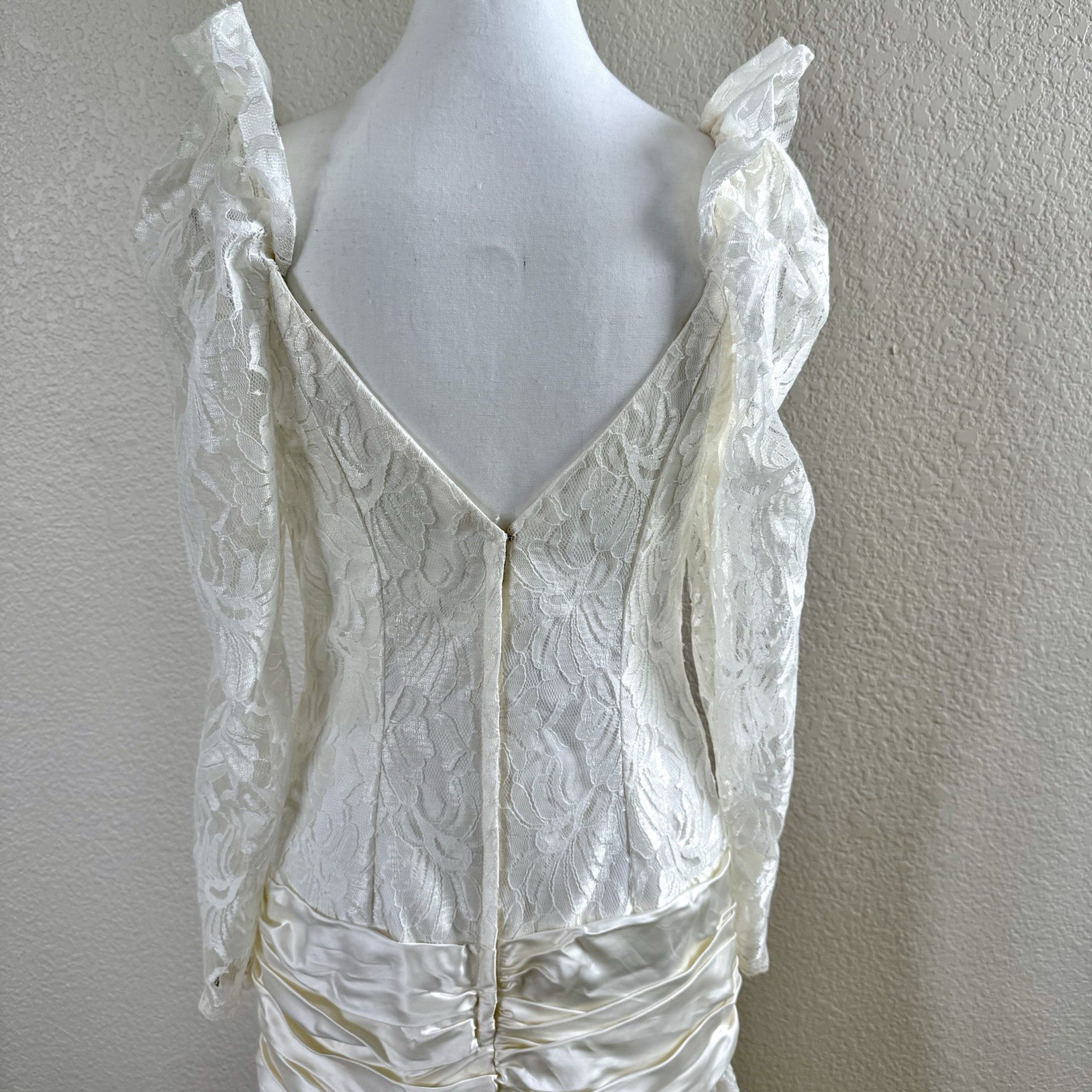 Vintage 80s Bonnell White Lace Chiffon Hi Lo Dress Wedding Prom Party Deco Sz M