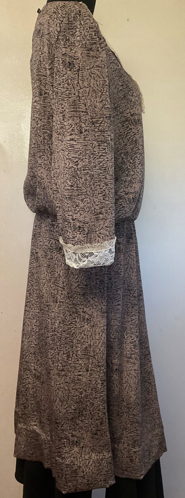 Vintage 1980s Black Patterned Dress with Lace Collar & Cuff-Large-Lorac Original