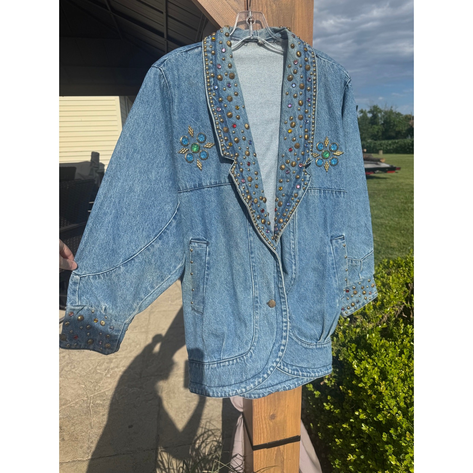 Vintage 80s Studded Rhinestone Denim Jacket Blazer Oversized Dolman Western L XL