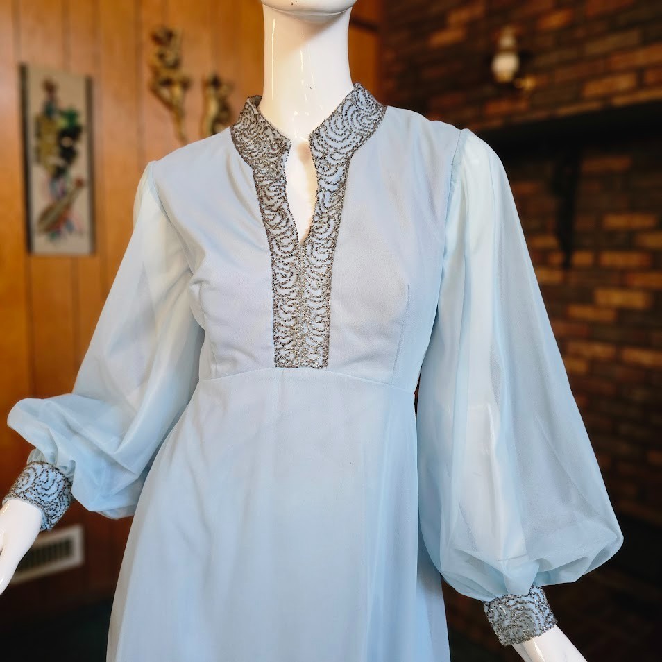 Vtg 70s Dreamy Chiffon Bishop Sleeves Powder Blue Prom Gown Bewitched Dress M